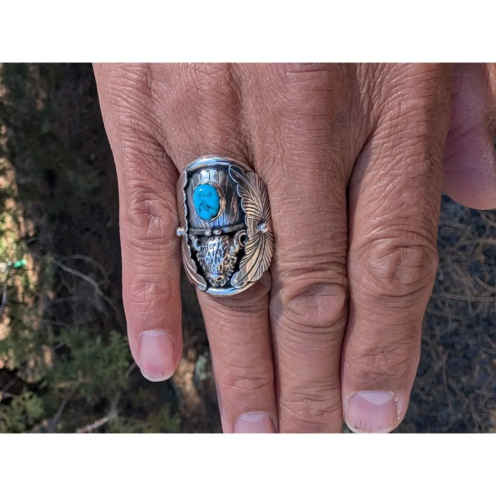 Navajo Men's Buffalo Ring Sterling Silver Turquoise‎ Signed Junior Begay 12**